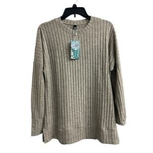 CiCi Bird Tan Brown Neutral Crew Neck Ribbed Sweater Top Women's Size Large NWT